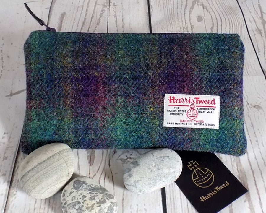 Harris Tweed clutch purse, pencil case in deep purple and green tartan