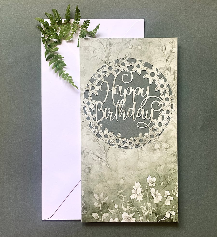 Handmade Floral “Happy Birthday” Card with Delicate Botanical Wreath