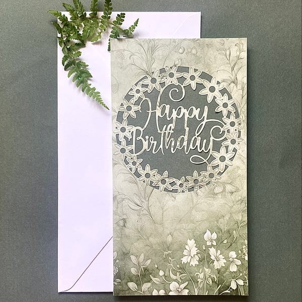 Handmade Floral “Happy Birthday” Card with Delicate Botanical Wreath