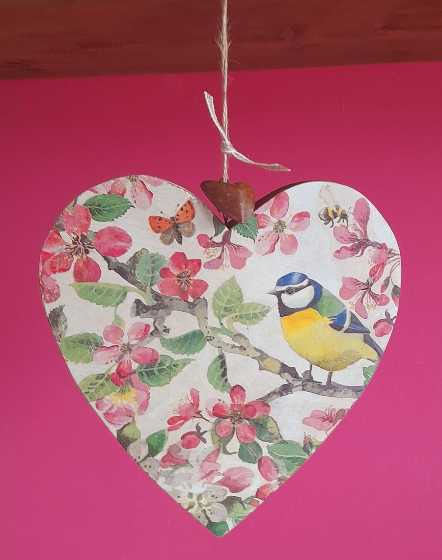 Blue Tit & Blossom Wooden Heart