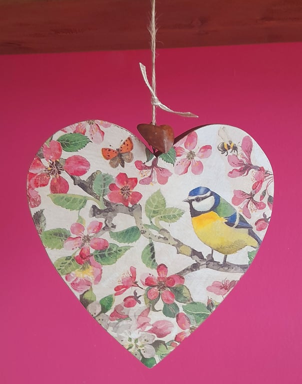 Blue Tit & Blossom Wooden Heart