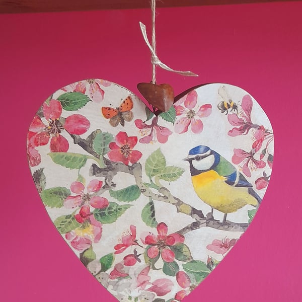 Blue Tit & Blossom Wooden Heart