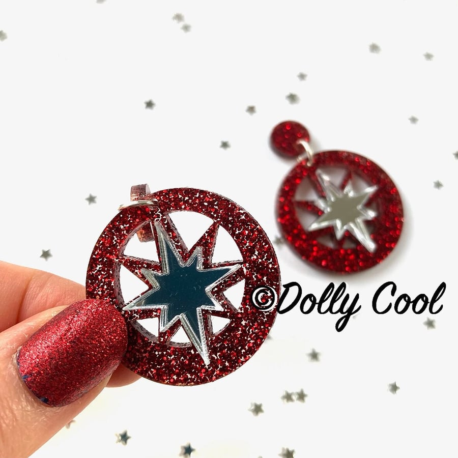 Red Starburst Circle Drop Earrings - Red Glitter - 40s 50s Repro - Vintage Style
