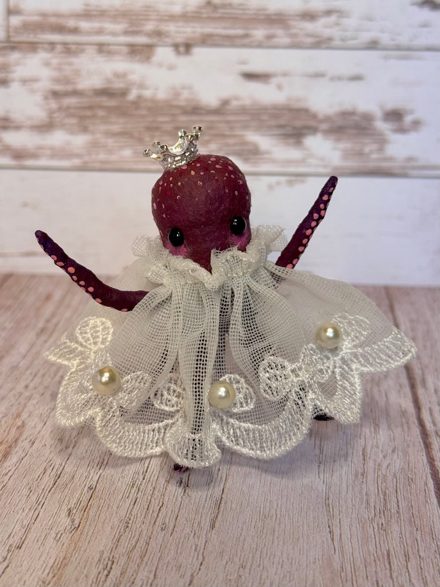 Spun Cotton Octopus Art Doll in Crown and Pearls