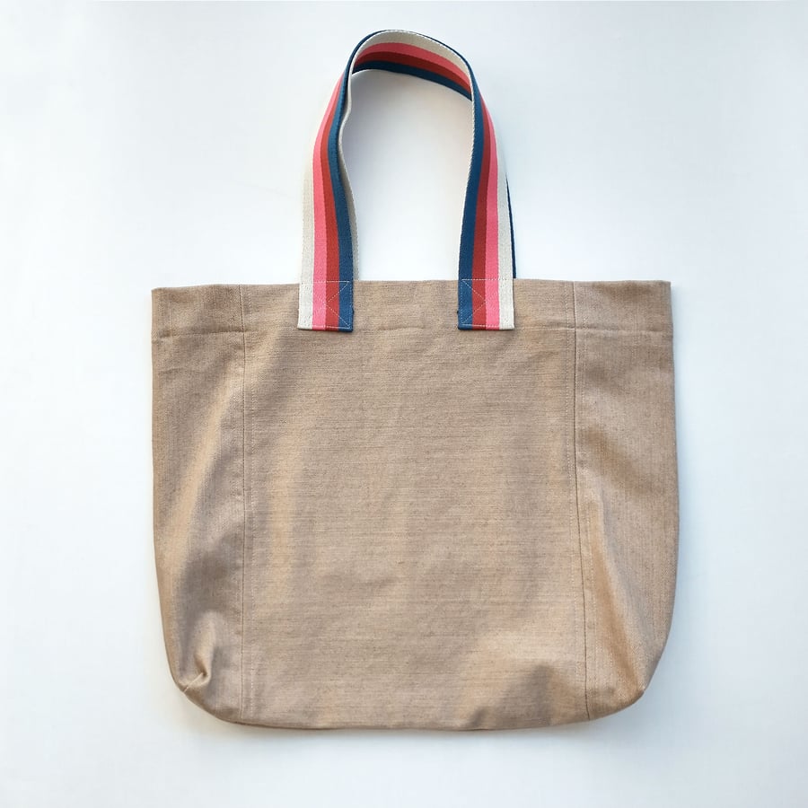 Large Beige Denim Tote Bag with Stripe Handles, Upcycled One-of-a-kind 