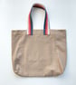 Large Beige Denim Tote Bag with Stripe Handles, Upcycled One-of-a-kind 