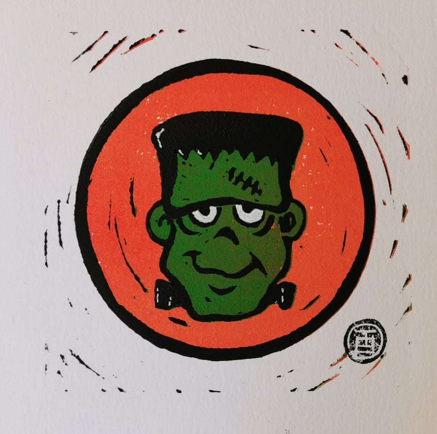 Frankenstein's monster linocut print.