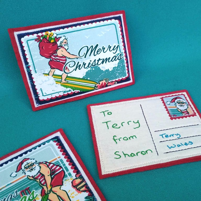 Santa Holiday Textile Postcard Decoration hand embroidered personalised message