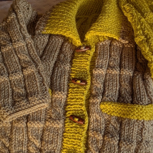 3 to 6 months cardigan with long collar in Ochre and Biscotti.