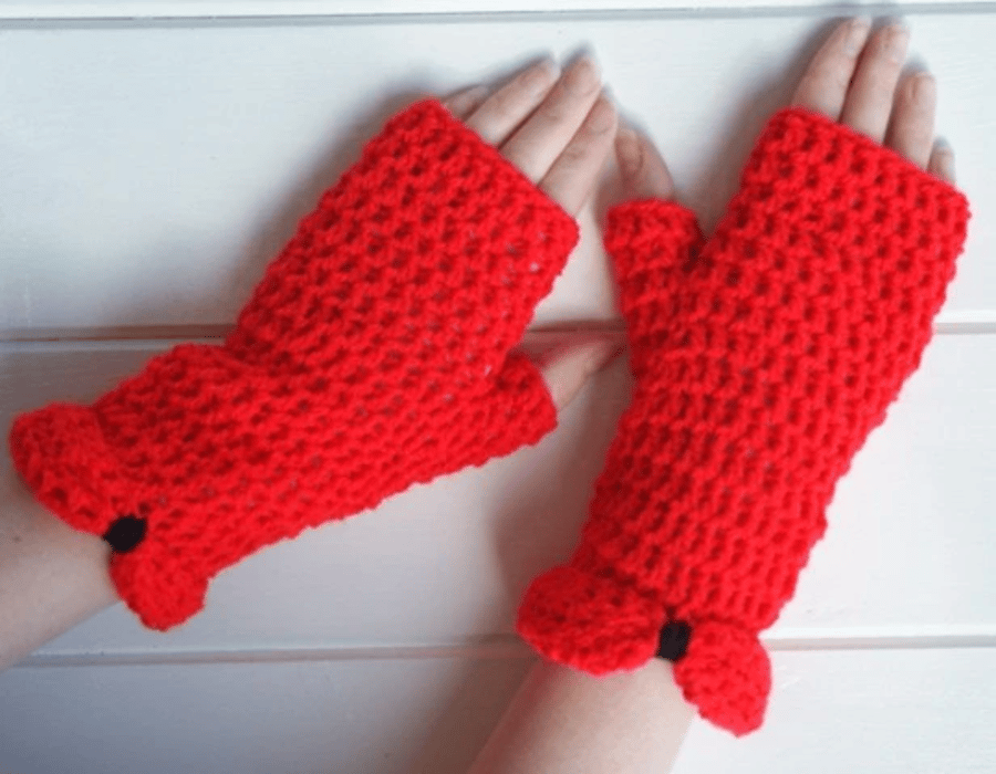 Fingerless Gloves Bright Red Crocheted 