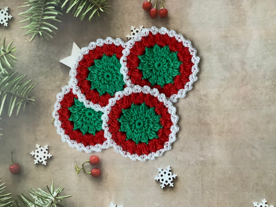 Crochet Christmas Coasters a Set of 4