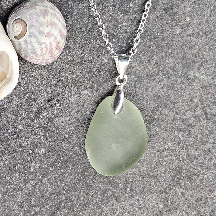 Sterling Silver Sea Glass Pendant Necklace – Pale Green Seafoam Beach Glass