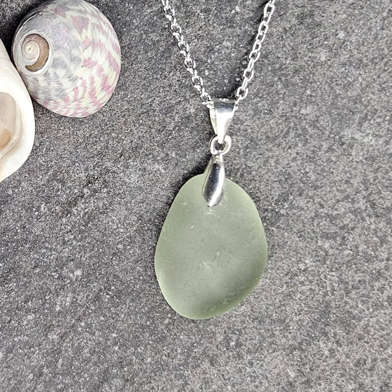 Sterling Silver Sea Glass Pendant Necklace – Pale Green Seafoam Beach Glass