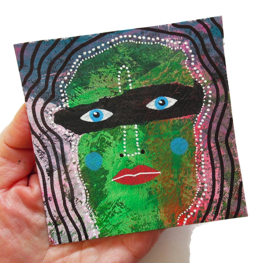 Green Face Portrait Miniature Outsider Art 4x4" Original Painting In Mixed Media