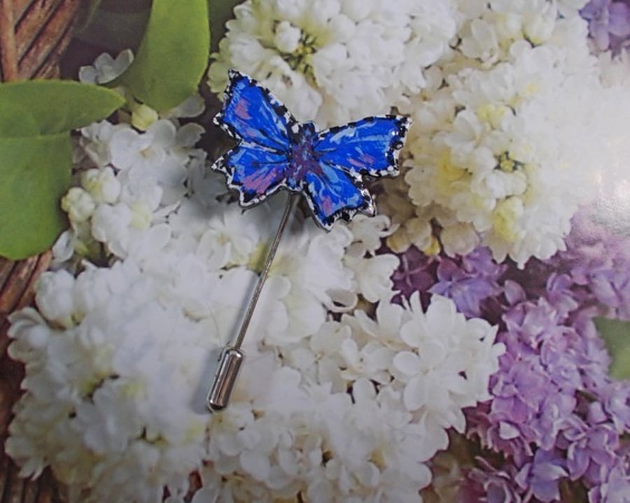 Small COMMON BLUE BUTTERFLY PIN Clay Wedding Lapel Brooch HANDMADE HAND PAINTED