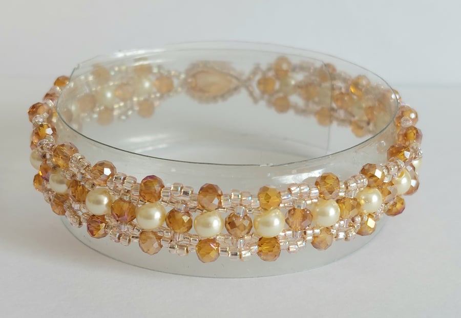 Golden crystal, pearl and seed bead bracelet