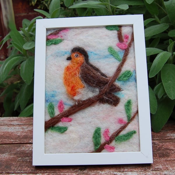 Robin  in the Cherry Tree -  Needle felted  picture - 
