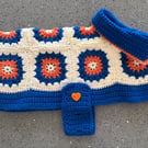 Crochet Dog Coat Blue And Orange With Buttons (J149)