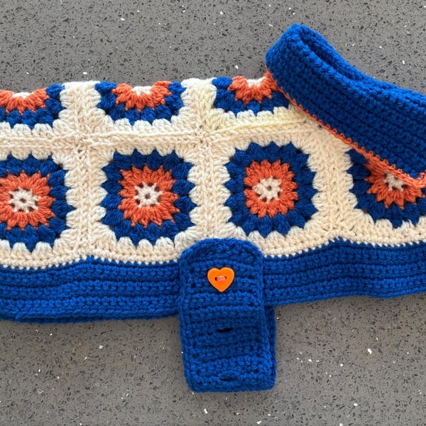 Crochet Dog Coat Blue And Orange With Buttons (J149)