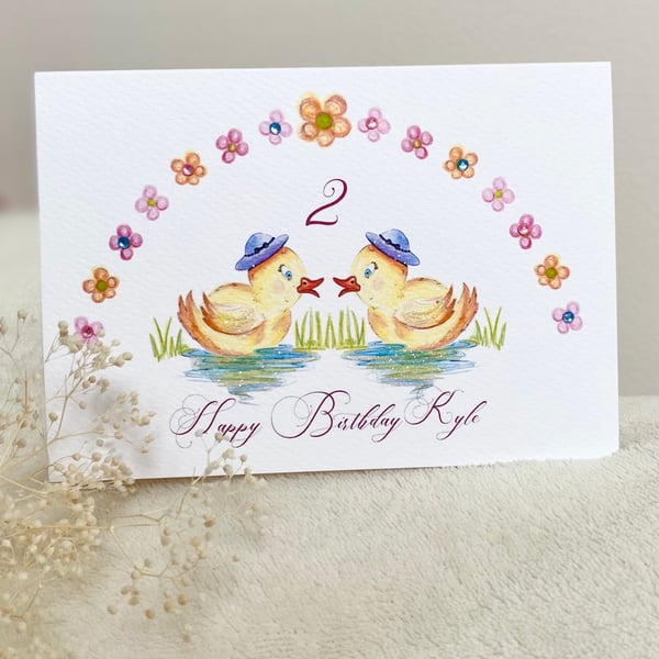 Personalised Illustrated 2 little ducks card, quack, 2nd birthday illustrated an