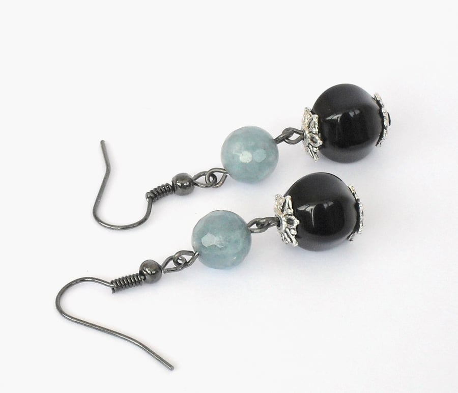 Blue aquamarine and black onyx earrings 