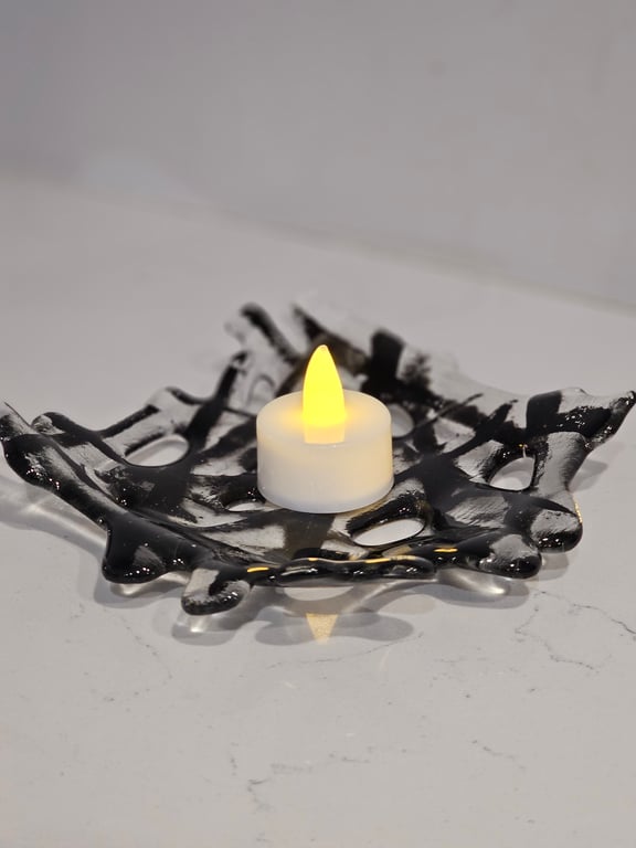 Fused Glass small  square decorative bowl - black criss cross