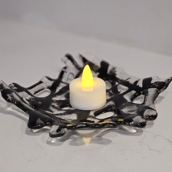 Fused Glass small  square decorative bowl - black criss cross