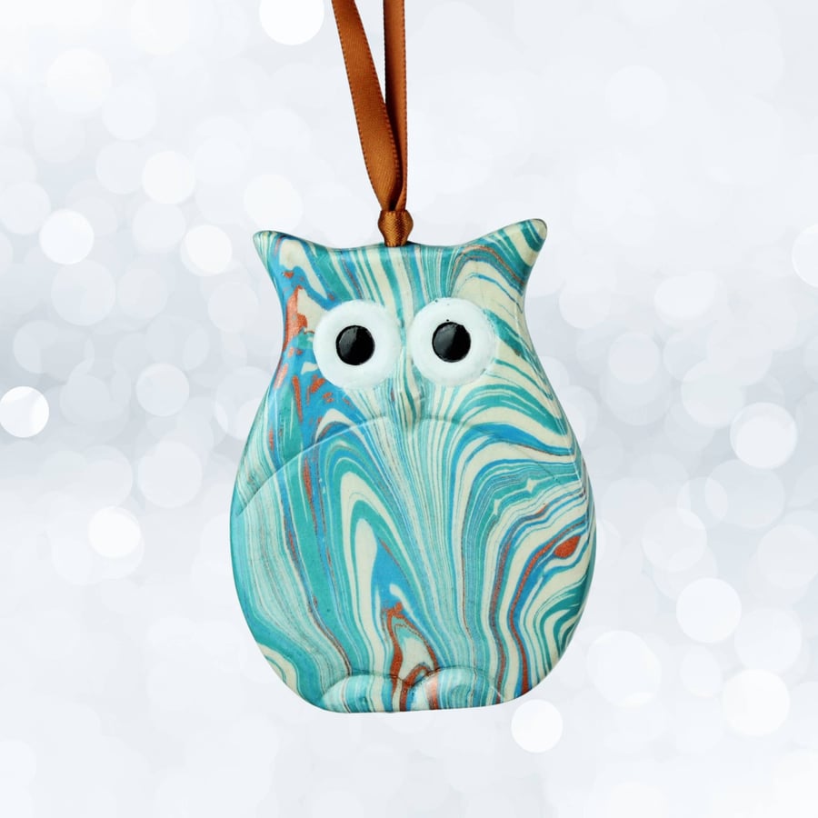 Hanging Owl Ceramic Christmas decoration turquoise copper "Asio"