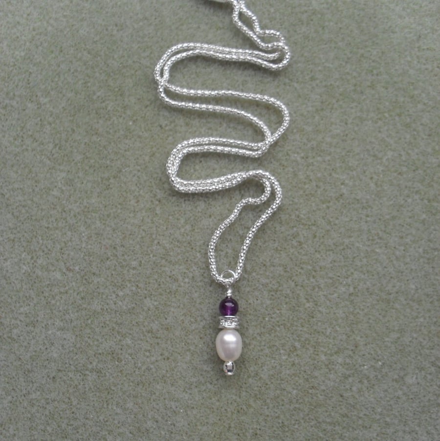  Necklace African Amethyst Freshwater Pearl Sterling Silver February Birthstone