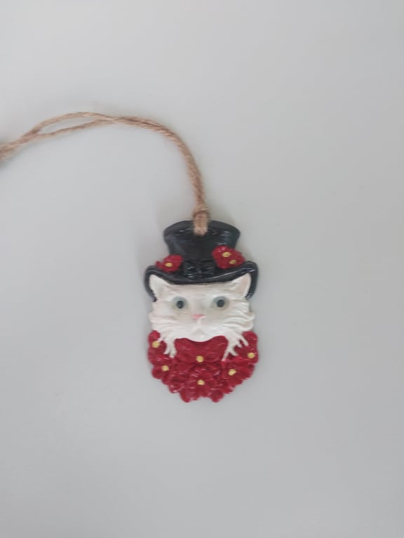 Clay Cat in a Black Top Hat Hanging Decoration 