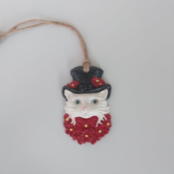 Clay Cat in a Black Top Hat Hanging Decoration 