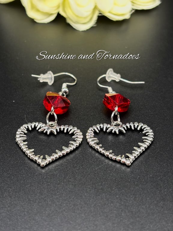 Gothic Barbed Heart Earrings - Red Heart Earrings - Handmade - Drop Earrings