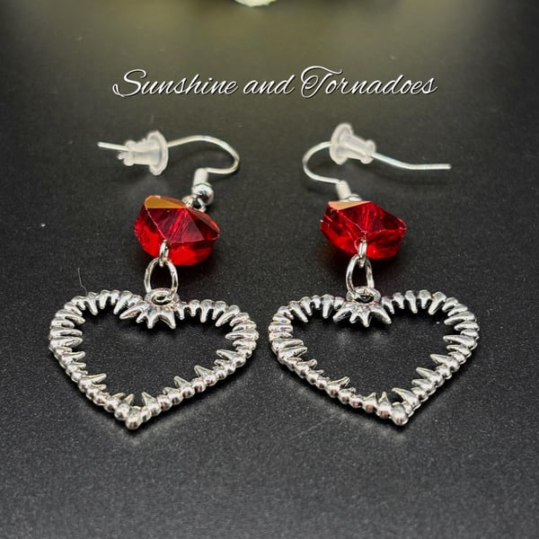 Gothic Barbed Heart Earrings - Red Heart Earrings - Handmade - Drop Earrings