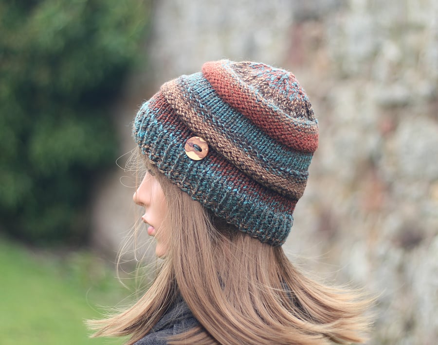 HAT knitted grey, chunky teal brown russet hat, women's beanie cap, gift, UK