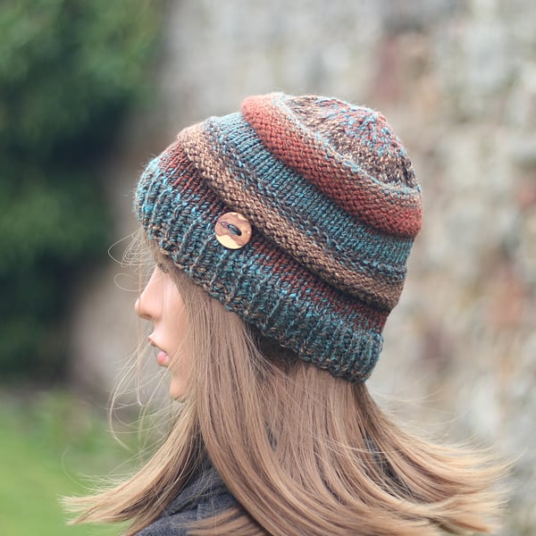 HAT knitted grey, chunky teal brown russet hat, women's beanie cap, gift, UK