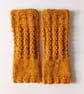 Fingerless Gloves Mittens Wrist Warmers in Mustard Tweed Aran Wool - Image 2