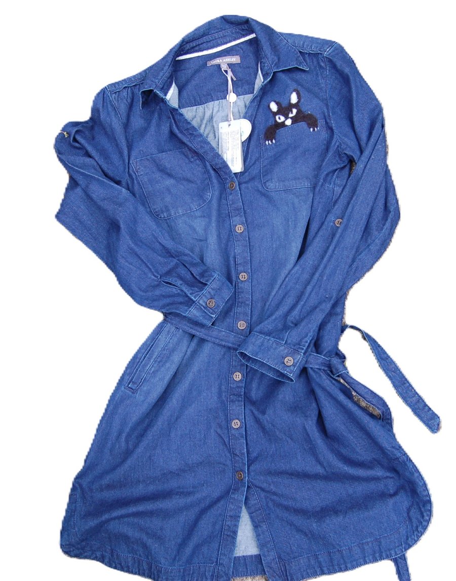 Upcycled Laura Ashley dress - needlefelt black cat peeping out of pocket