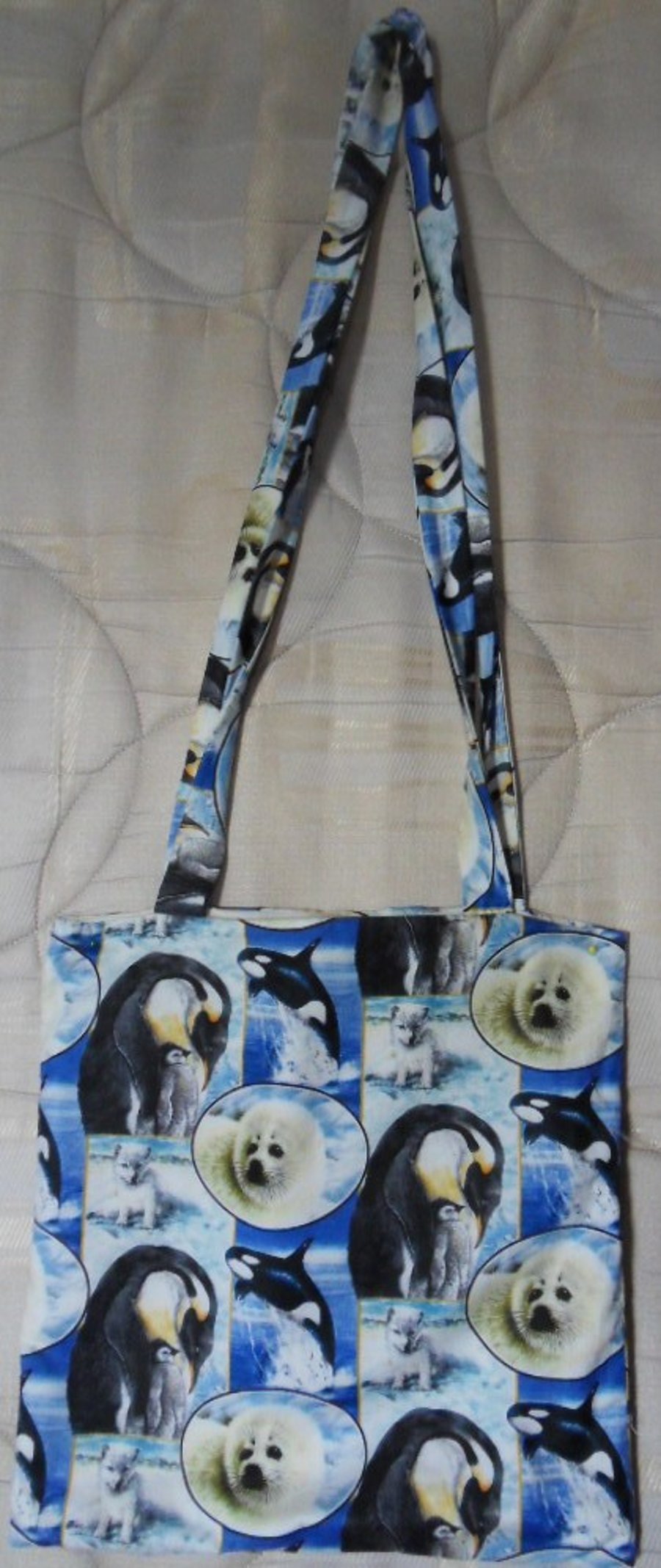 Homemade tote bag. Orca,Seals and penguins design. 12 half" x 13"