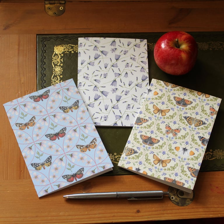 Nature greetings cards - pack of 3 blank notelets, A6 size, flowers, butterflies