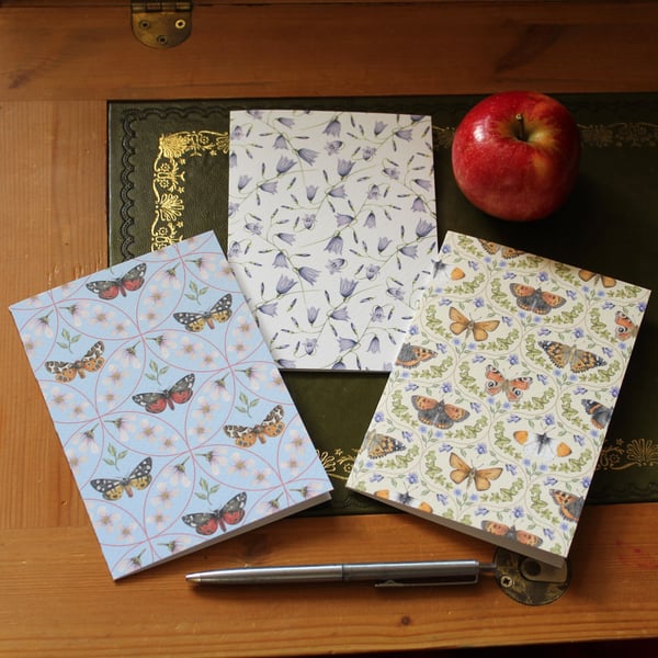 Nature greetings cards - pack of 3 blank notelets, A6 size, flowers, butterflies