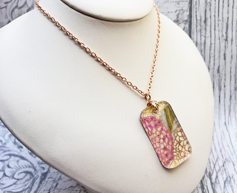 Hydrangea Japanese washi paper and acrylic oblong pendant rose gold plated chain