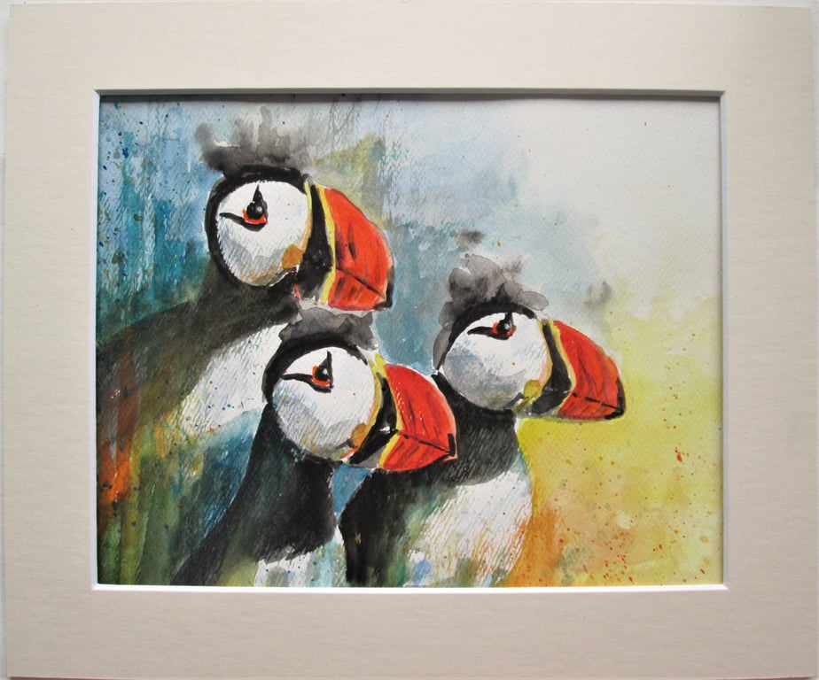 Atlantic Puffins original Watercolour Painting