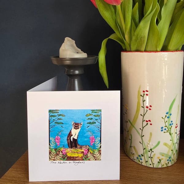 Pine Marten in Foxgloves Handmade Greetings Card