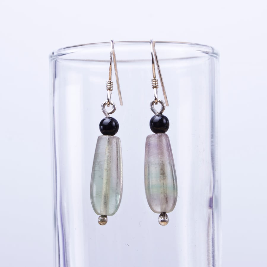 Fluorite drop and black onyx gemstone sterling silver earrings