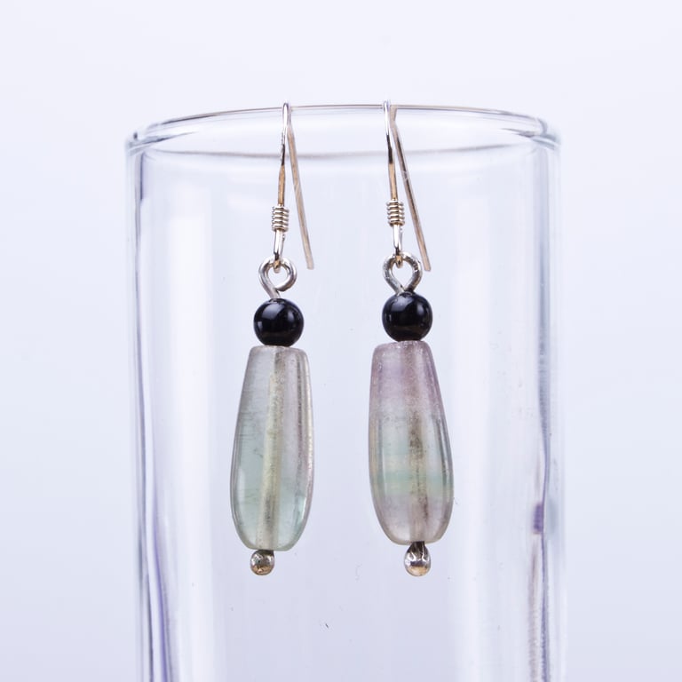 Fluorite drop and black onyx gemstone sterling silver earrings