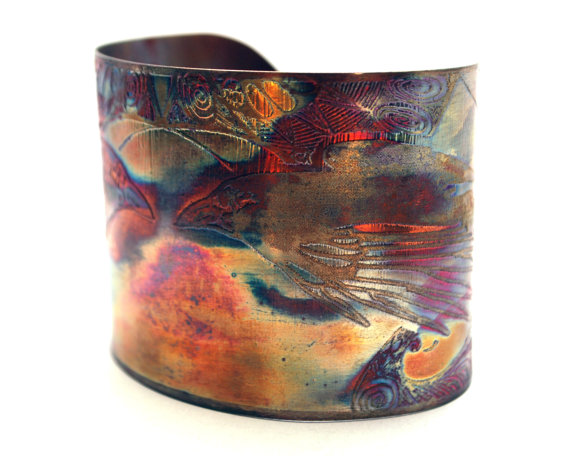 Etched Copper Cuff Bracelet - Raven design - large