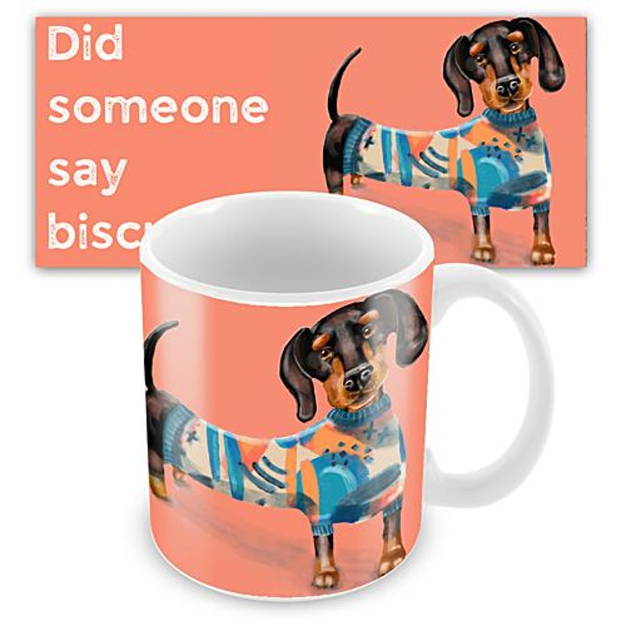 Coral Dachshund Mug with wrap around design 'Did someone say biscuit