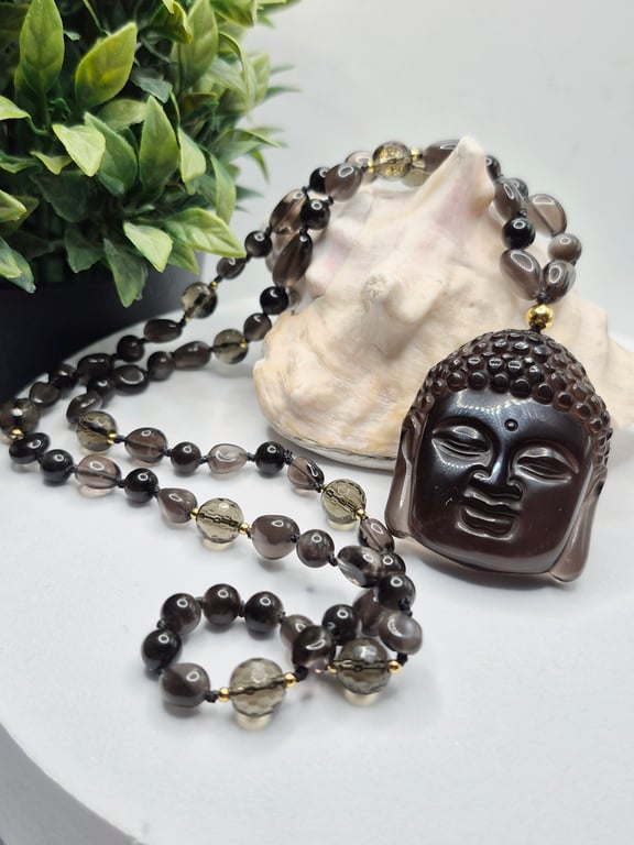 Knotted Ice Crystal Obsidian Necklace with Carved Buddha Pendant & Smoky Quartz