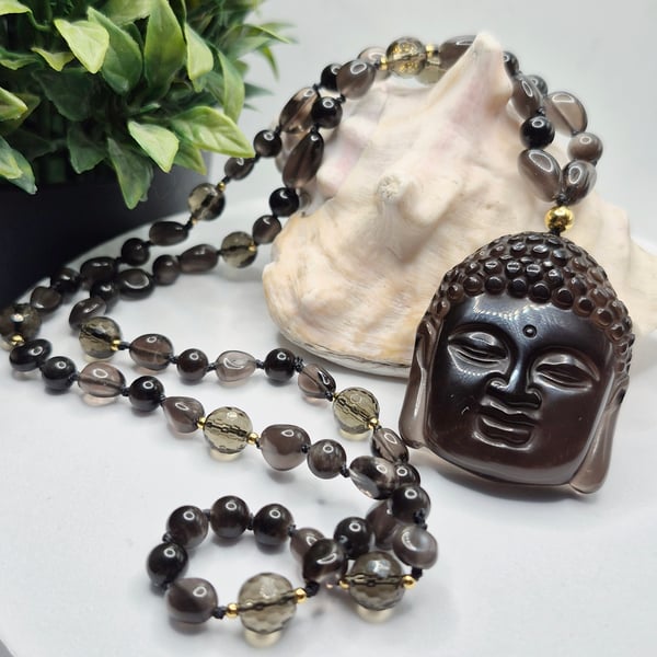 Knotted Ice Crystal Obsidian Necklace with Carved Buddha Pendant & Smoky Quartz