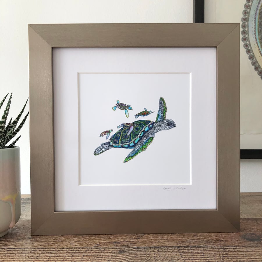 'Turtle Family' Hand Finished Framed Print